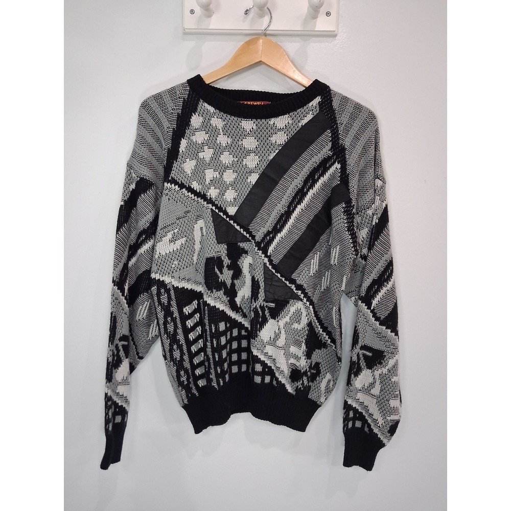 Vintage Chartwell Mens Large Geometric Knit Sweater Leather Patches Black Grey